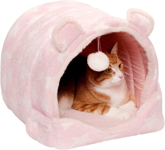 Furhaven Cat Bed Snuggle Hideout for Indoor Cats & Small Dogs, Washable & Foldable w/ Plush Ball Toy - Snuggle Hideout Pet Tent - Pink Stars, Small