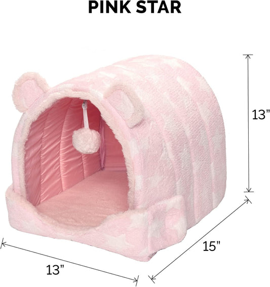 Furhaven Cat Bed Snuggle Hideout for Indoor Cats & Small Dogs, Washable & Foldable w/ Plush Ball Toy - Snuggle Hideout Pet Tent - Pink Stars, Small