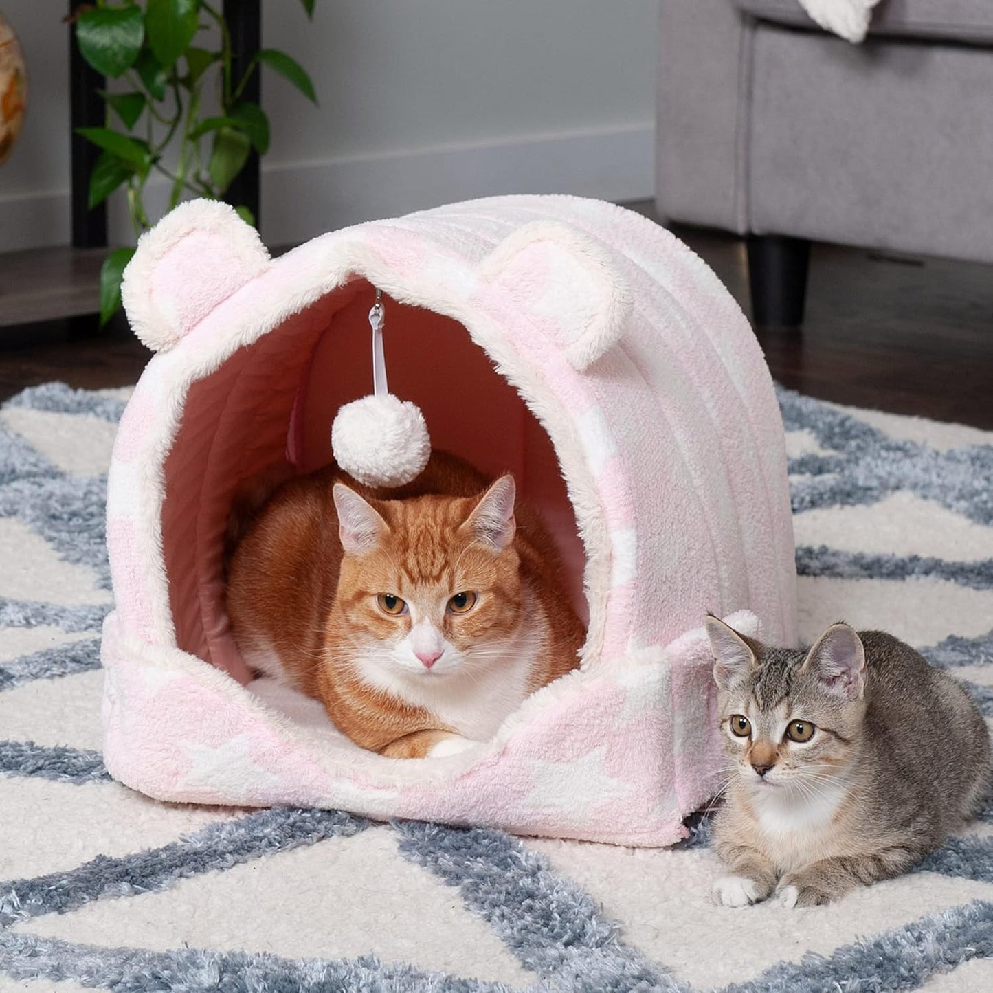 Furhaven Cat Bed Snuggle Hideout for Indoor Cats & Small Dogs, Washable & Foldable w/ Plush Ball Toy - Snuggle Hideout Pet Tent - Pink Stars, Small
