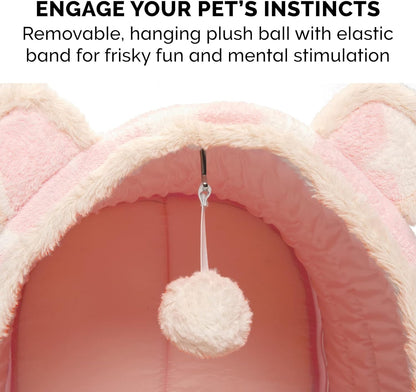 Furhaven Cat Bed Snuggle Hideout for Indoor Cats & Small Dogs, Washable & Foldable w/ Plush Ball Toy - Snuggle Hideout Pet Tent - Pink Stars, Small