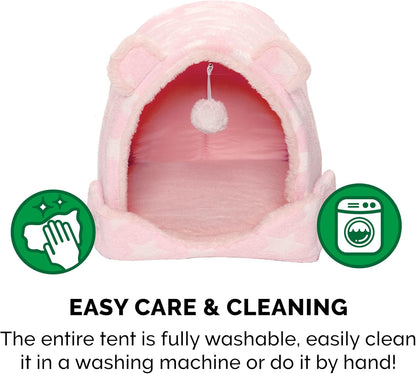 Furhaven Cat Bed Snuggle Hideout for Indoor Cats & Small Dogs, Washable & Foldable w/ Plush Ball Toy - Snuggle Hideout Pet Tent - Pink Stars, Small