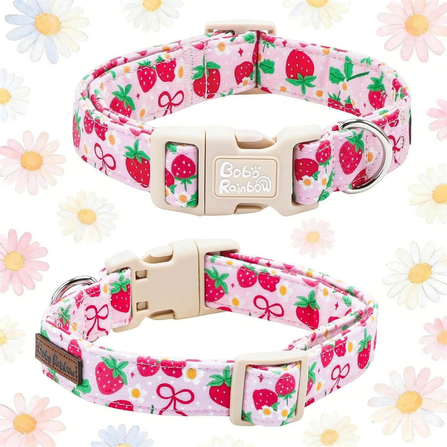 Dog Collars, Spring Red Strawberry Print Cotton Collar Pink Adjustable Light Plastic Buckle Collar with Bow Pet Collar Gift for Small Dogs