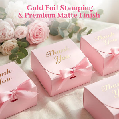 20PCS Thank You Gift Boxes, 4.5x4.5x1.9 Inches Mini Party Favor Boxes Pink Treat Bags with Bow Ribbon for Wedding Bridal Baby Shower Birthday Party