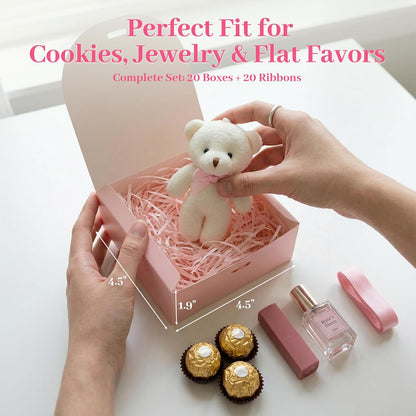 20PCS Thank You Gift Boxes, 4.5x4.5x1.9 Inches Mini Party Favor Boxes Pink Treat Bags with Bow Ribbon for Wedding Bridal Baby Shower Birthday Party