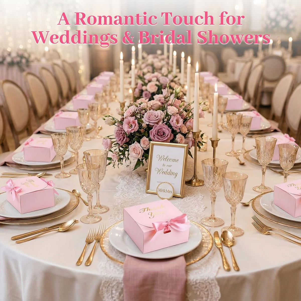 20PCS Thank You Gift Boxes, 4.5x4.5x1.9 Inches Mini Party Favor Boxes Pink Treat Bags with Bow Ribbon for Wedding Bridal Baby Shower Birthday Party