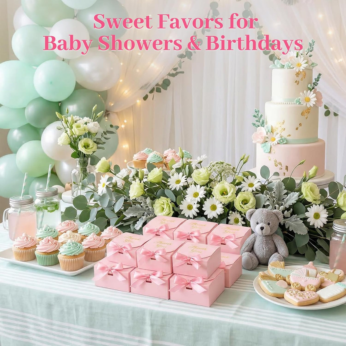 20PCS Thank You Gift Boxes, 4.5x4.5x1.9 Inches Mini Party Favor Boxes Pink Treat Bags with Bow Ribbon for Wedding Bridal Baby Shower Birthday Party