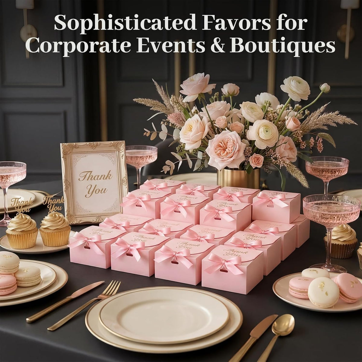 20PCS Thank You Gift Boxes, 4.5x4.5x1.9 Inches Mini Party Favor Boxes Pink Treat Bags with Bow Ribbon for Wedding Bridal Baby Shower Birthday Party