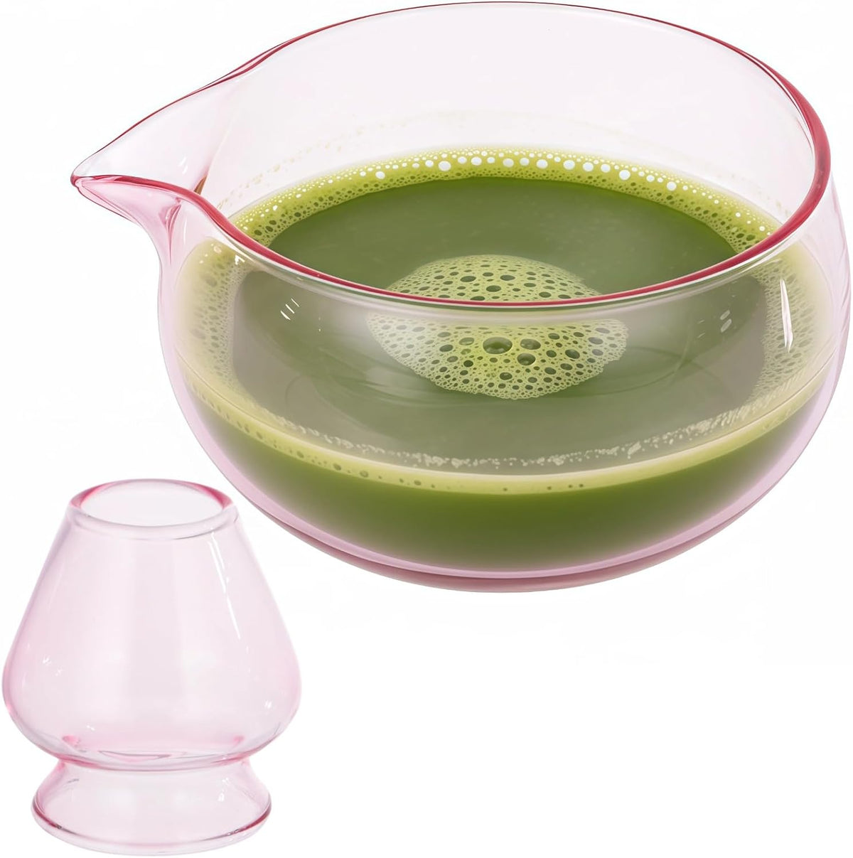 Matcha Bowl and Whisk Holder Set, Clear Pink Glass Matcha Bowl with Drip-Free Spout and Glass Whisk Stand, Elegant Matcha Tea Ceremony Set for Daily Matcha Preparation Serving
