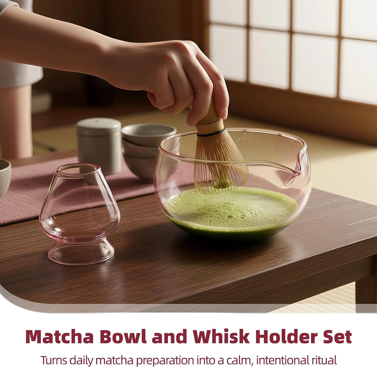 Matcha Bowl and Whisk Holder Set, Clear Pink Glass Matcha Bowl with Drip-Free Spout and Glass Whisk Stand, Elegant Matcha Tea Ceremony Set for Daily Matcha Preparation Serving