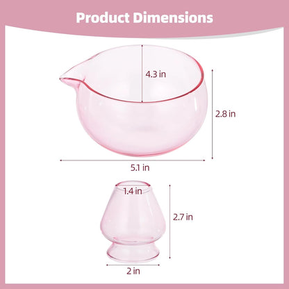 Matcha Bowl and Whisk Holder Set, Clear Pink Glass Matcha Bowl with Drip-Free Spout and Glass Whisk Stand, Elegant Matcha Tea Ceremony Set for Daily Matcha Preparation Serving