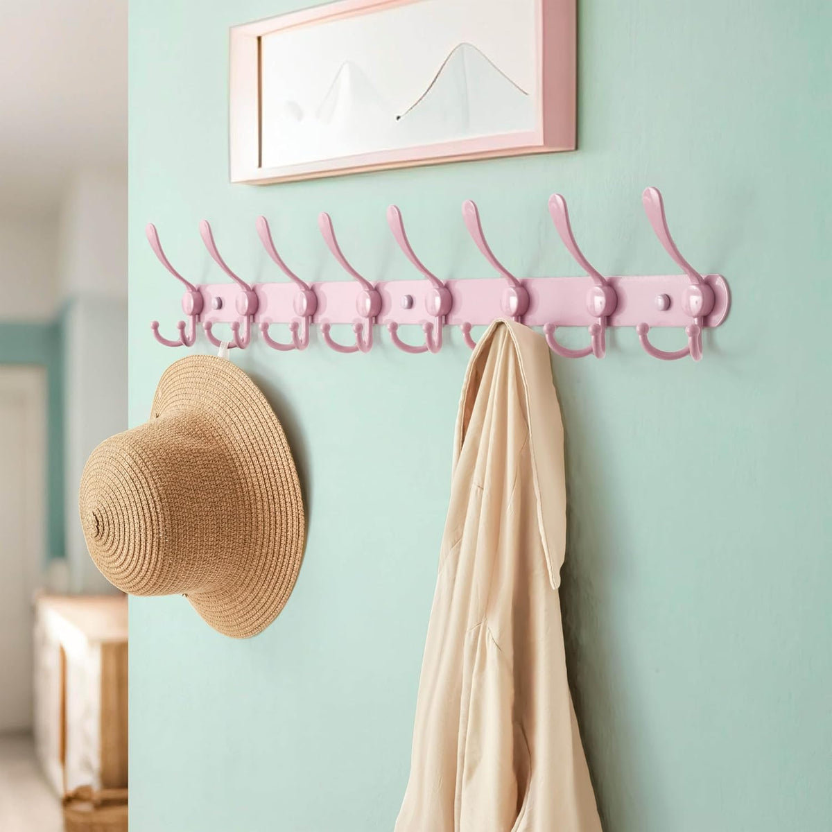 Coat Rack Wall Mount - 29.5” Long 8-Tri-Hooks Heavy Duty Coat Hanger Rail Wall Hooks for Hanging Coats Hats Clothing Clothes Purse Mudroom Entryway, Pink