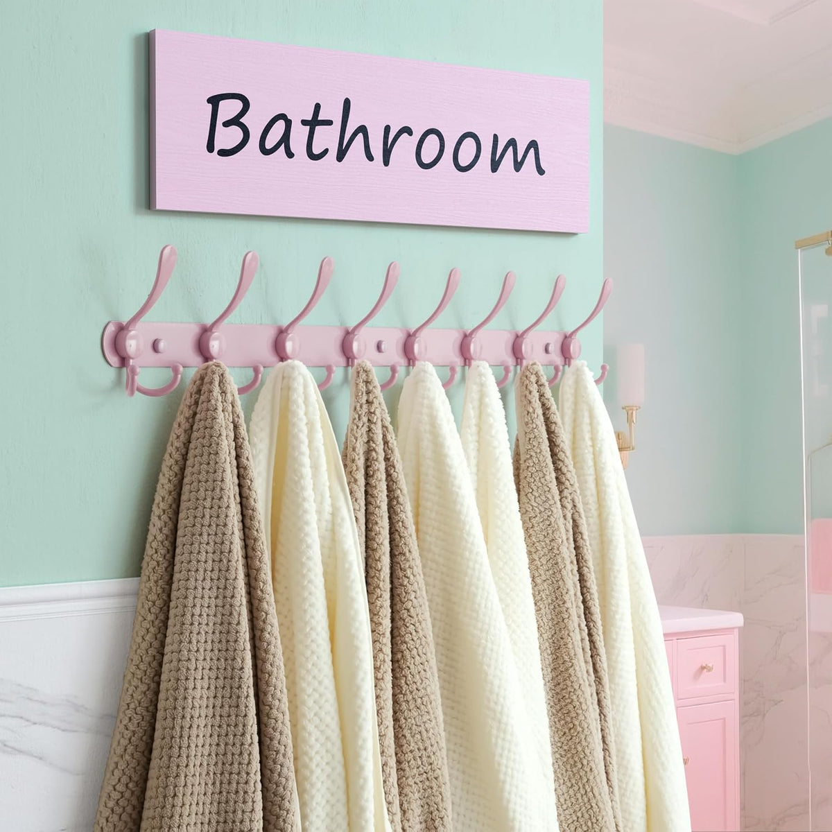 Coat Rack Wall Mount - 29.5” Long 8-Tri-Hooks Heavy Duty Coat Hanger Rail Wall Hooks for Hanging Coats Hats Clothing Clothes Purse Mudroom Entryway, Pink
