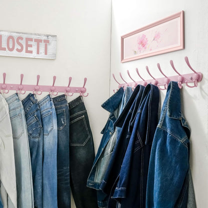 Coat Rack Wall Mount - 29.5” Long 8-Tri-Hooks Heavy Duty Coat Hanger Rail Wall Hooks for Hanging Coats Hats Clothing Clothes Purse Mudroom Entryway, Pink