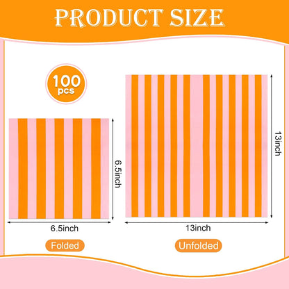 100 Ct Pink Orange Striped Paper Luncheon Napkins, 6.5 Inch