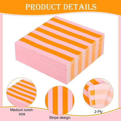 100 Ct Pink Orange Striped Paper Luncheon Napkins, 6.5 Inch