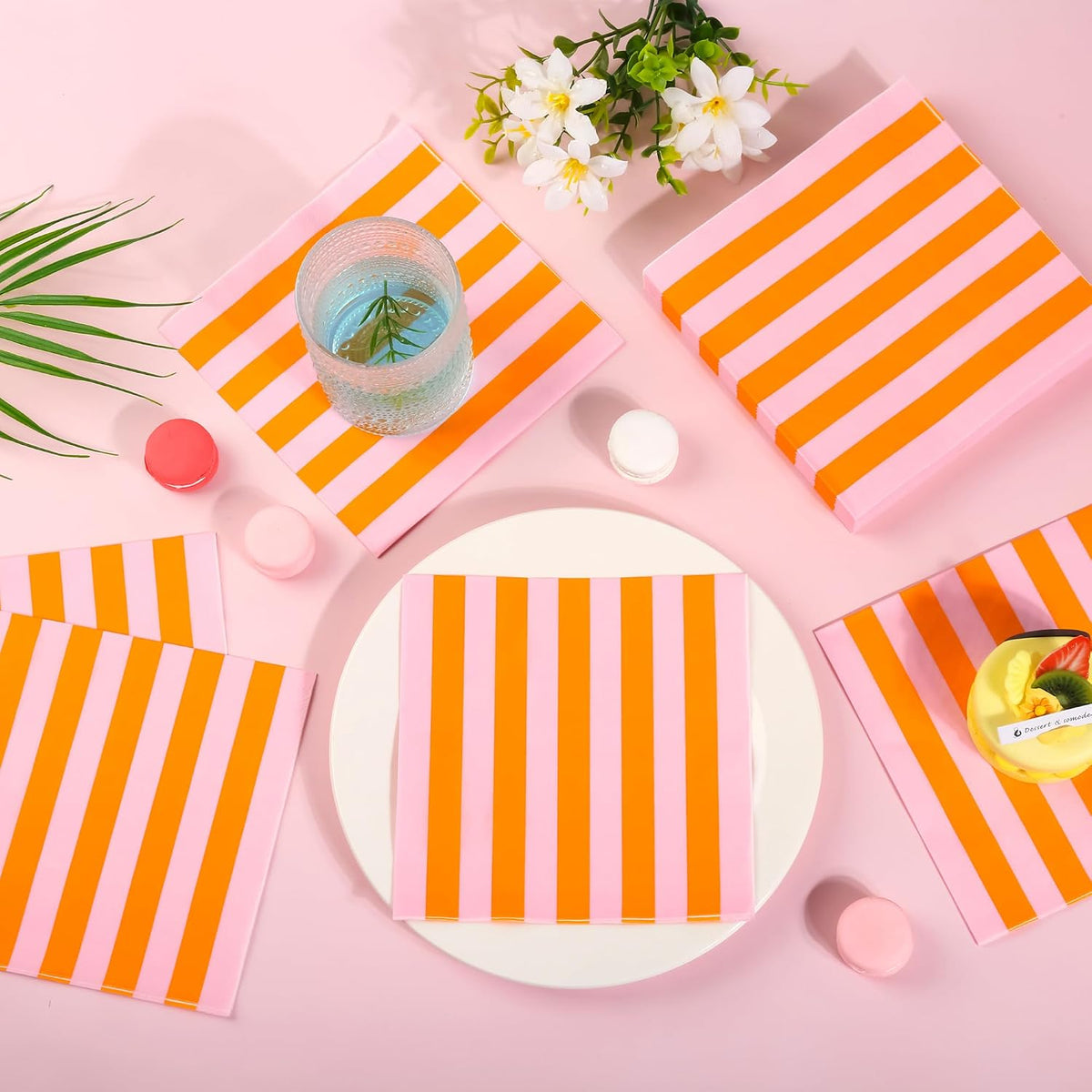 100 Ct Pink Orange Striped Paper Luncheon Napkins, 6.5 Inch
