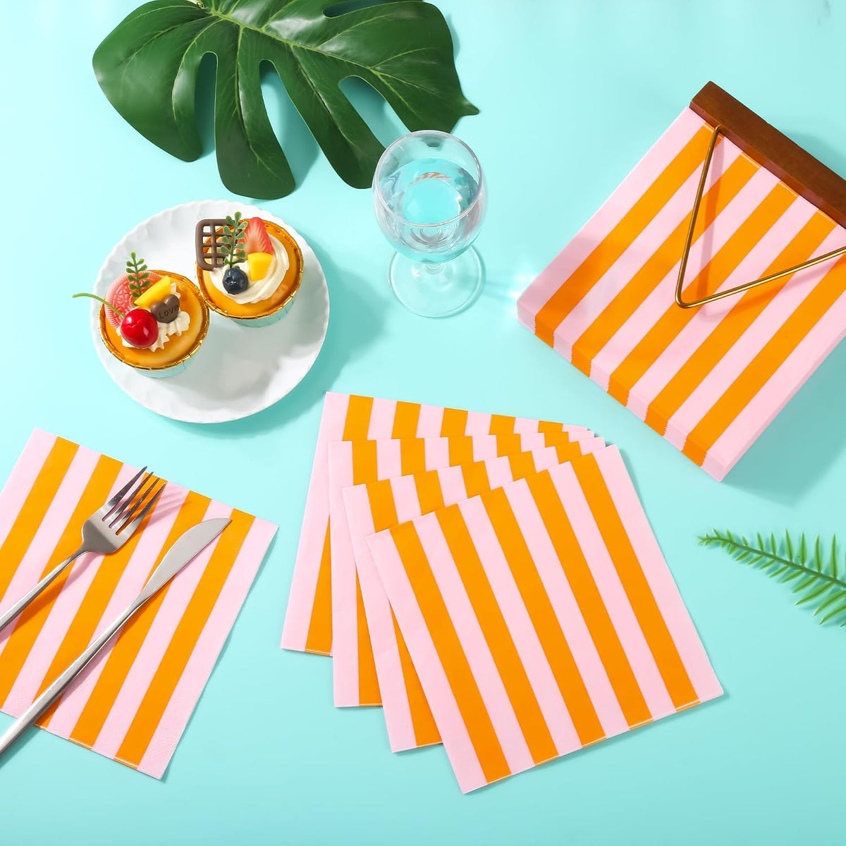 100 Ct Pink Orange Striped Paper Luncheon Napkins, 6.5 Inch