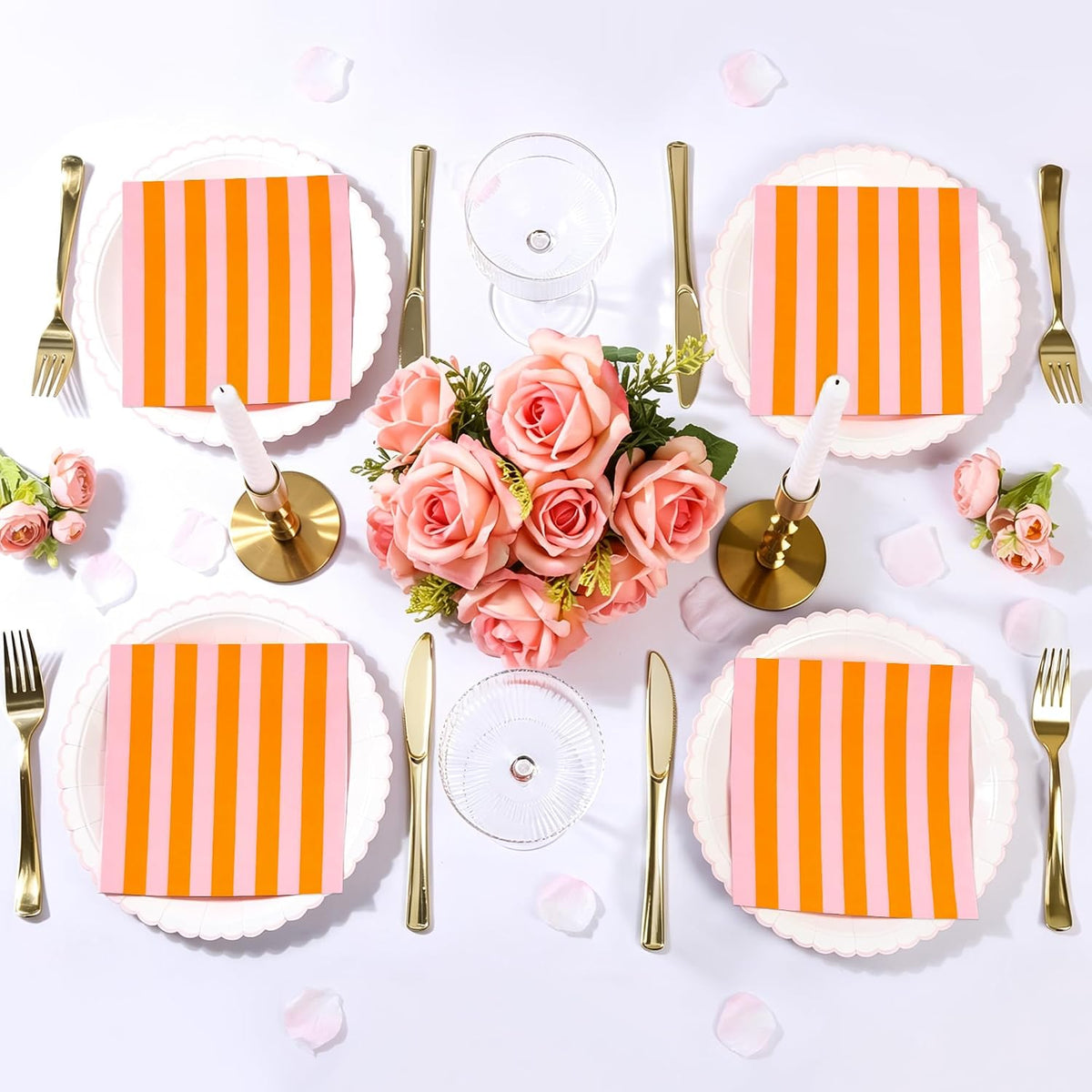 100 Ct Pink Orange Striped Paper Luncheon Napkins, 6.5 Inch