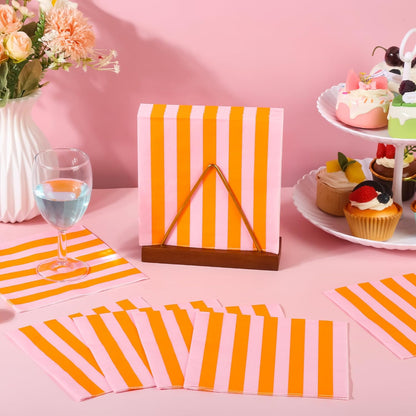 100 Ct Pink Orange Striped Paper Luncheon Napkins, 6.5 Inch