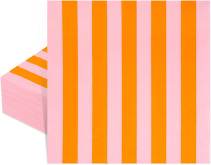 100 Ct Pink Orange Striped Paper Luncheon Napkins, 6.5 Inch
