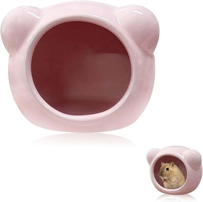 Cool Hamster House Small Animal Habitat Décor, Bear-Shaped Mini Ceramic Hamster Hideout Cave for Dwarf Hamsters (Pink, S)