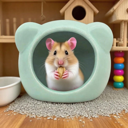 Cool Hamster House Small Animal Habitat Décor, Bear-Shaped Mini Ceramic Hamster Hideout Cave for Dwarf Hamsters (Pink, S)