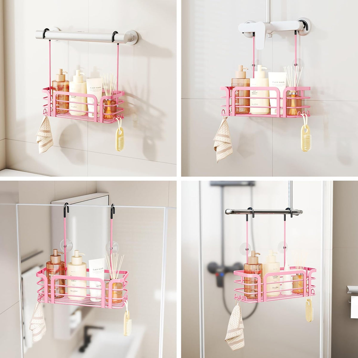 SWTYMIKI Shower Caddy Hanging Organizer - Over the Door Shower Caddy with 6 Hooks, 2 Installation Ways, Stainless Steel Rustproof Bathroom Organizer, Pink Small