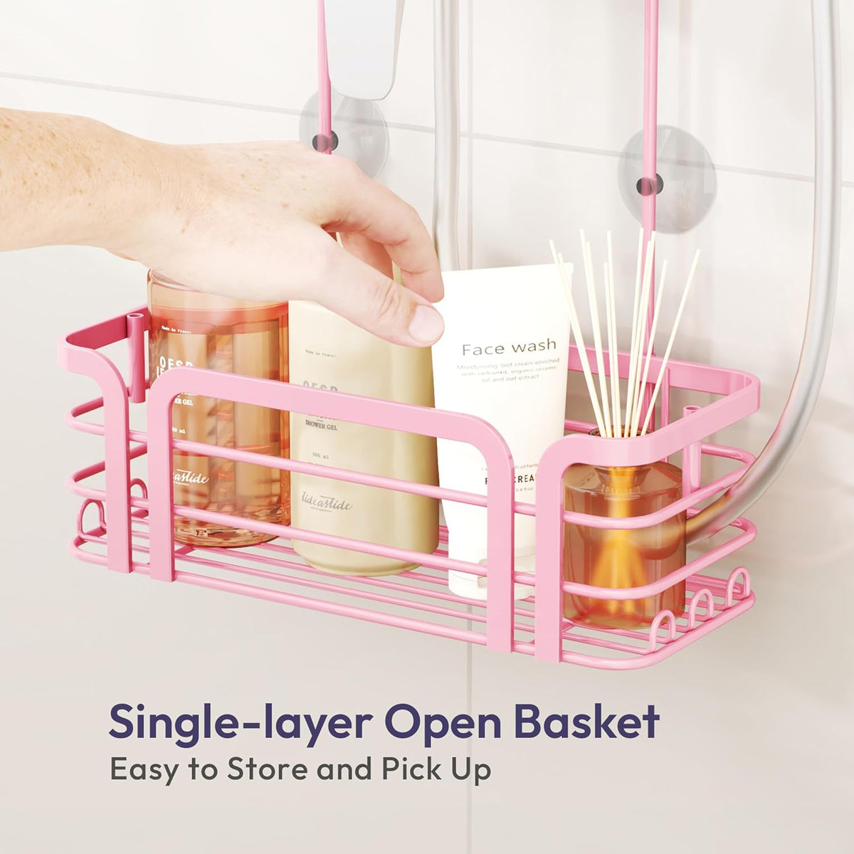 SWTYMIKI Shower Caddy Hanging Organizer - Over the Door Shower Caddy with 6 Hooks, 2 Installation Ways, Stainless Steel Rustproof Bathroom Organizer, Pink Small