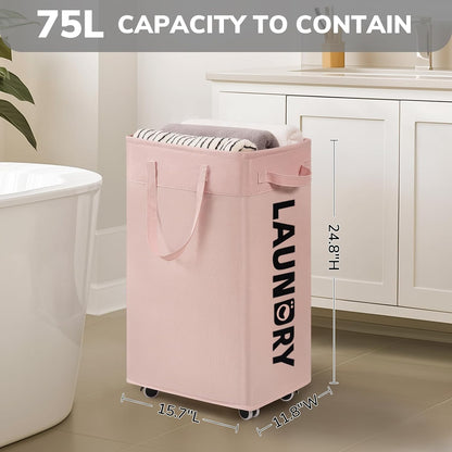75L Laundry Hamper with Wheels, Dorm Room Essentials for Girls