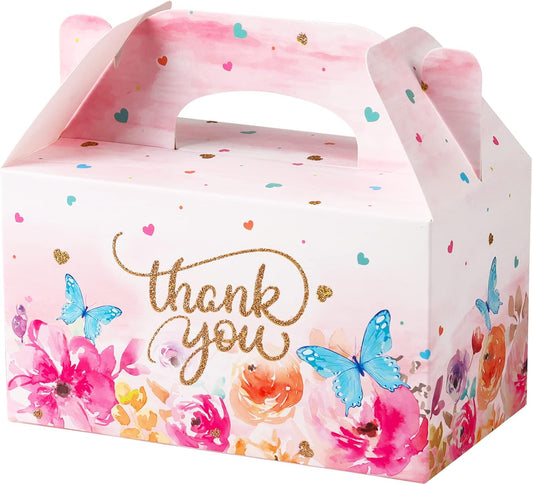 Thank You Treat Boxes - 12 Pack Elegant Floral Gable Gift Boxes with Handles, Perfect for Wedding Baby Shower Bridal Tea Party Favors, Mother's Day Birthday Cookie Candy Packaging