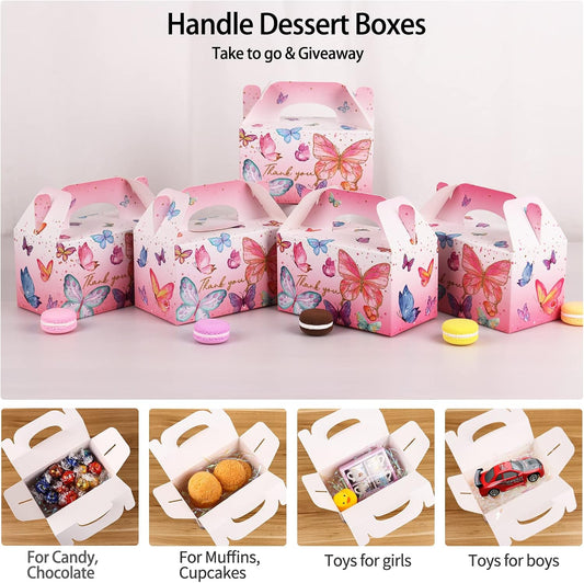 Thank You Treat Boxes - 12 Pack Elegant Floral Gable Gift Boxes with Handles, Perfect for Wedding Baby Shower Bridal Tea Party Favors, Mother's Day Birthday Cookie Candy Packaging
