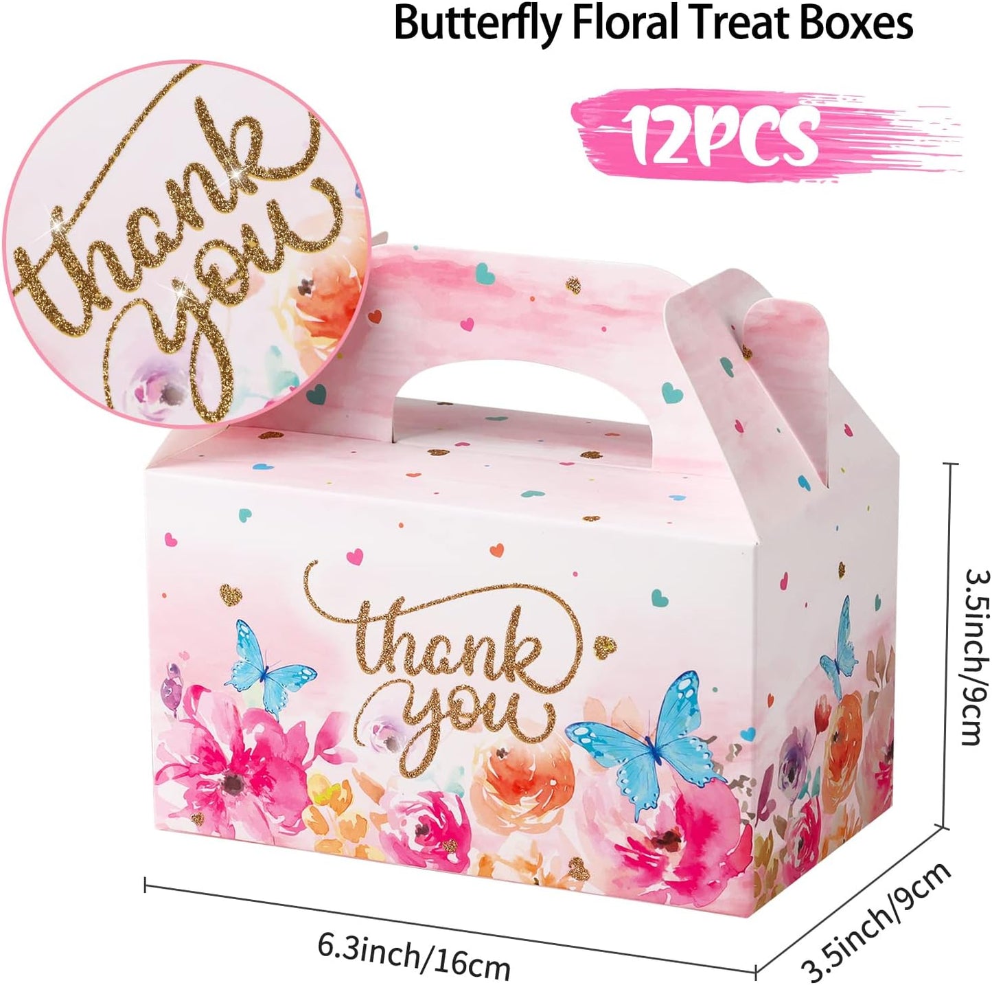 Thank You Treat Boxes - 12 Pack Elegant Floral Gable Gift Boxes with Handles, Perfect for Wedding Baby Shower Bridal Tea Party Favors, Mother's Day Birthday Cookie Candy Packaging