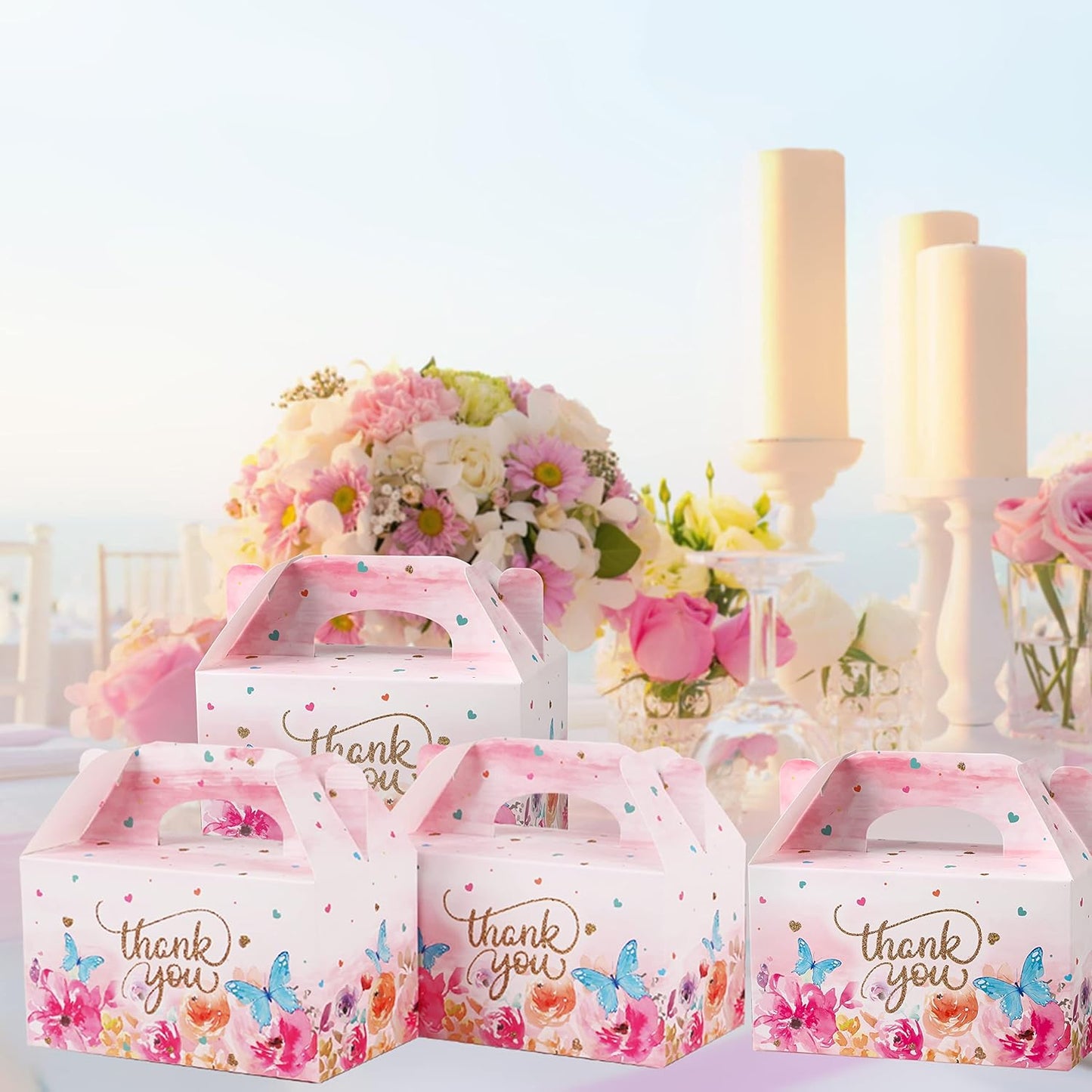 Thank You Treat Boxes - 12 Pack Elegant Floral Gable Gift Boxes with Handles, Perfect for Wedding Baby Shower Bridal Tea Party Favors, Mother's Day Birthday Cookie Candy Packaging