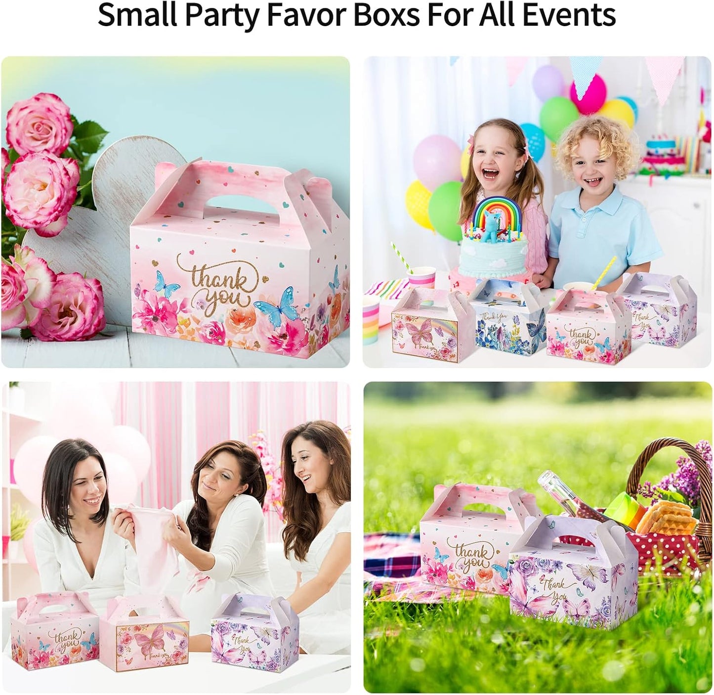 Thank You Treat Boxes - 12 Pack Elegant Floral Gable Gift Boxes with Handles, Perfect for Wedding Baby Shower Bridal Tea Party Favors, Mother's Day Birthday Cookie Candy Packaging