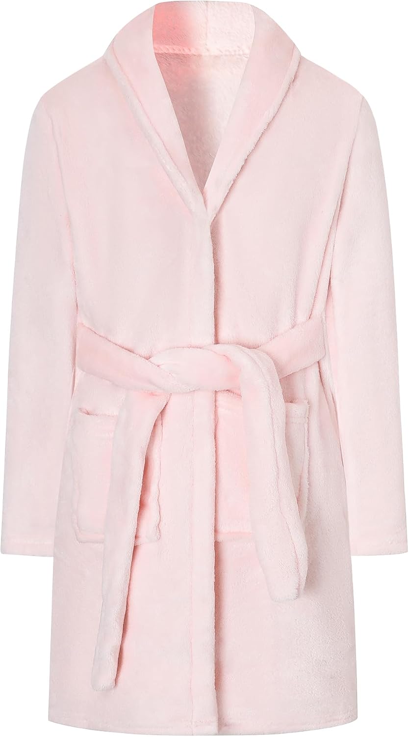 Girls Robe, Shawl Collar Fuzzy Fleece Bathrobes with Belt and Pockets for Kids Boys, 2-15 Years
