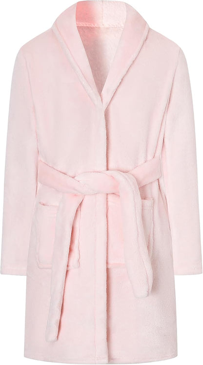 Girls Robe, Shawl Collar Fuzzy Fleece Bathrobes with Belt and Pockets for Kids Boys, 2-15 Years