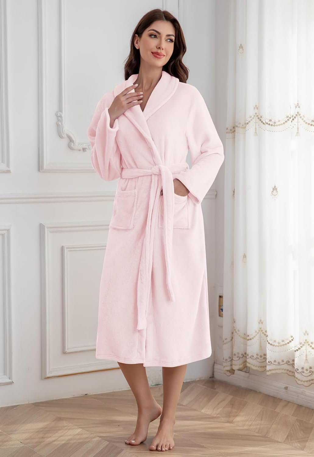Girls Robe, Shawl Collar Fuzzy Fleece Bathrobes with Belt and Pockets for Kids Boys, 2-15 Years