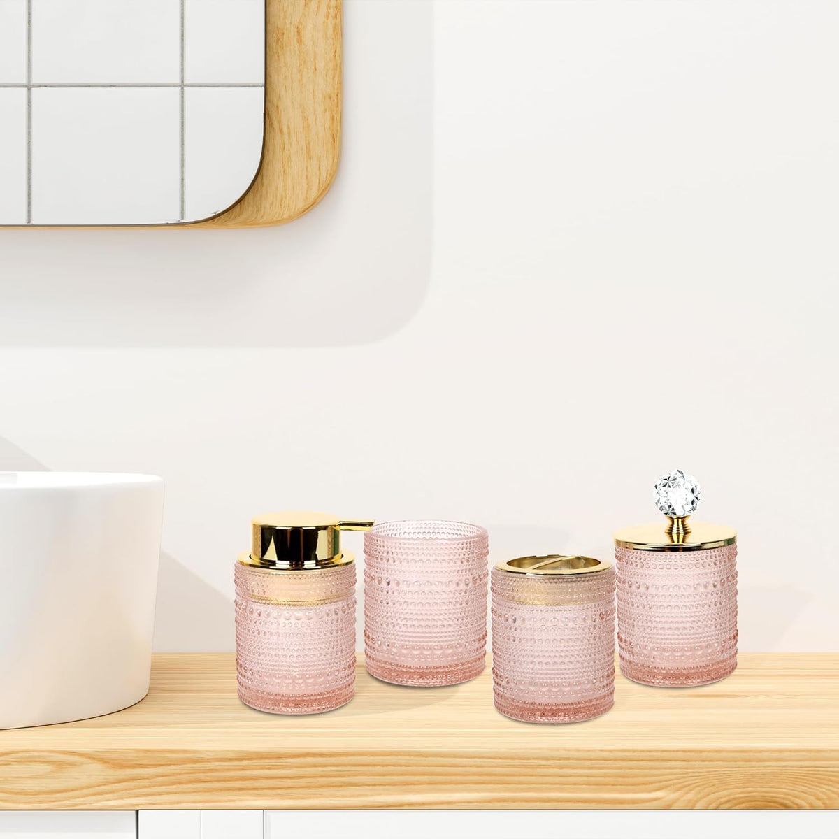 Bathroom Accessories Set,4Pcs Glass Bathroom Accessories,Vanity Bathroom Decor, Soap Dispenser, Toothbrush Holder Set, Apothecary Jar, Gift for Home Apartment (Pink)