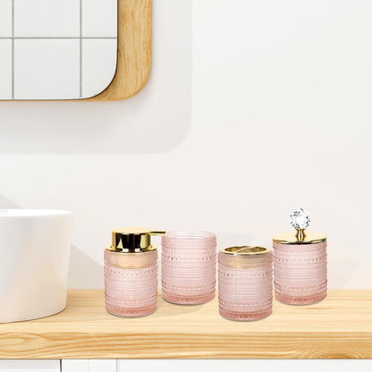 Bathroom Accessories Set,4Pcs Glass Bathroom Accessories,Vanity Bathroom Decor, Soap Dispenser, Toothbrush Holder Set, Apothecary Jar, Gift for Home Apartment (Pink)