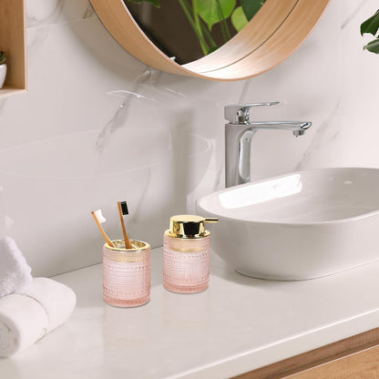 Bathroom Accessories Set,4Pcs Glass Bathroom Accessories,Vanity Bathroom Decor, Soap Dispenser, Toothbrush Holder Set, Apothecary Jar, Gift for Home Apartment (Pink)