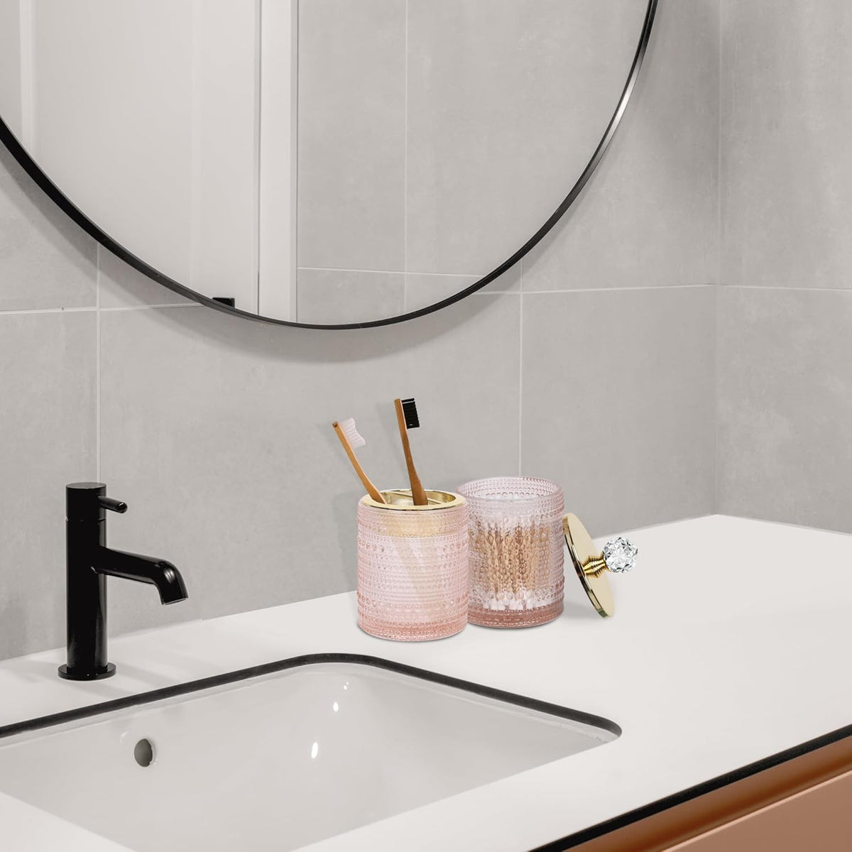 Bathroom Accessories Set,4Pcs Glass Bathroom Accessories,Vanity Bathroom Decor, Soap Dispenser, Toothbrush Holder Set, Apothecary Jar, Gift for Home Apartment (Pink)