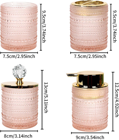 Bathroom Accessories Set,4Pcs Glass Bathroom Accessories,Vanity Bathroom Decor, Soap Dispenser, Toothbrush Holder Set, Apothecary Jar, Gift for Home Apartment (Pink)