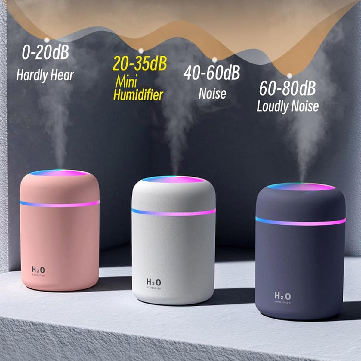 Portable Mini Humidifier, Colorful, Cool Mist, USB Powered. Perfect for Bedroom, Office & Car (300ml, Pink)