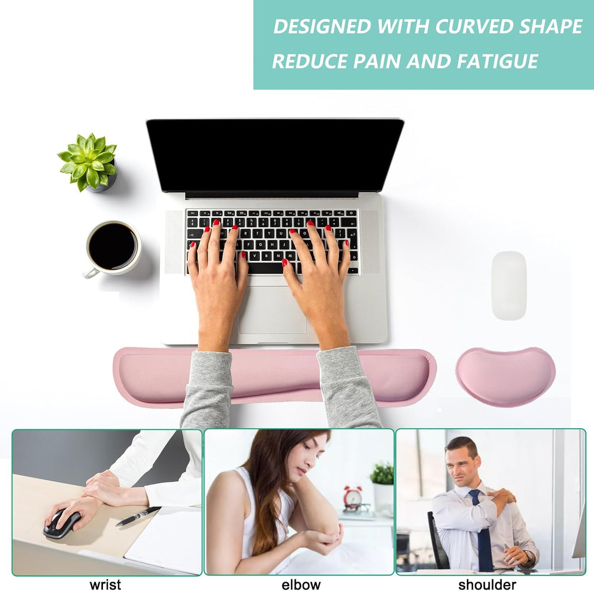 Keyboard Wrist Rest Mouse Wrist Support Set, Memory Foam Wrist Rest Pad for Computer Laptop Keyboard Mouse, Ergonomic Wrist Cushion Support for Typing Pain Relief, Gaming Home Office, Pink