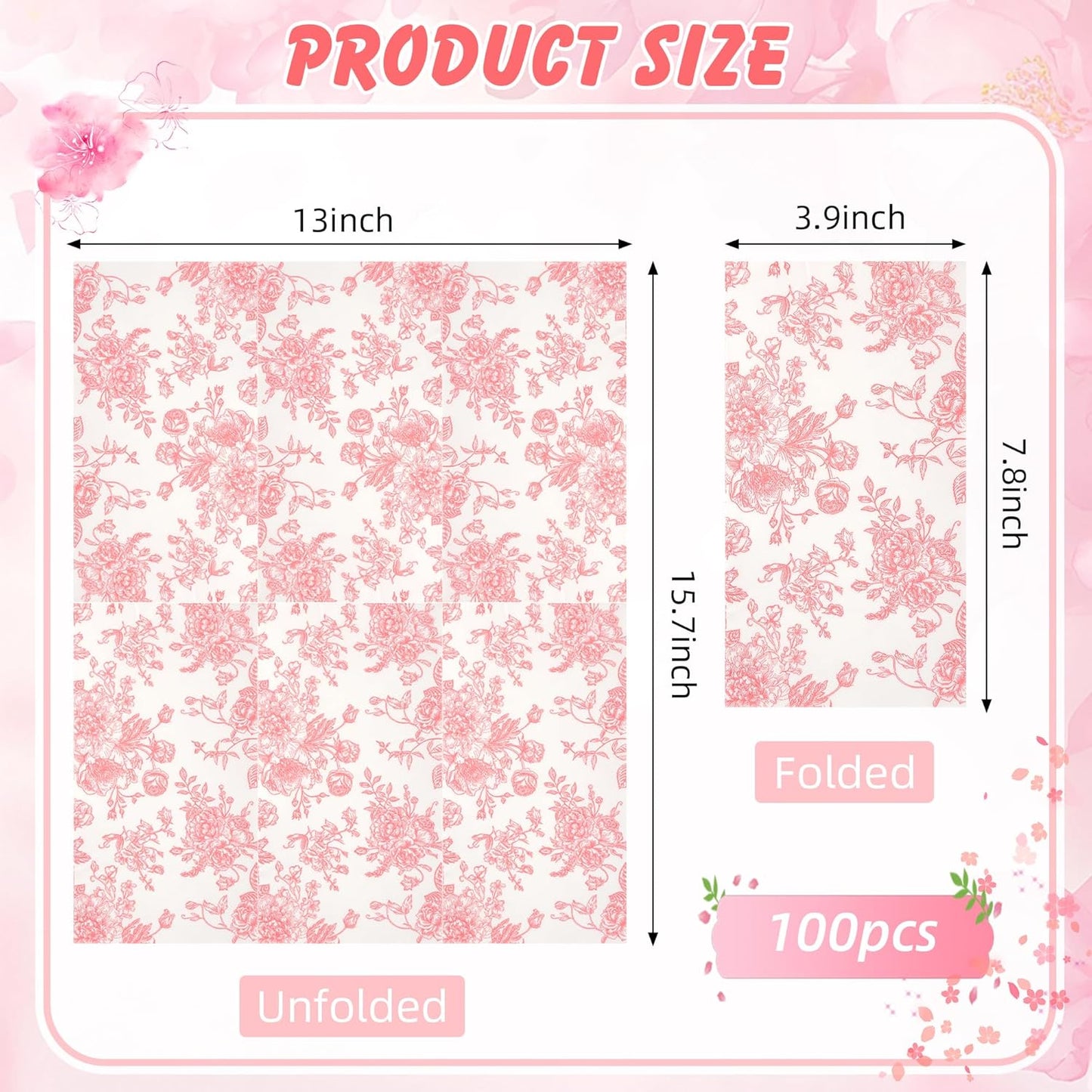 100 Floral Guest Napkins Pink and White Toile Disposable Paper Napkins Decorative Flower Bathroom Hand Towels for Bridal Baby Shower Tea Party Birthday Party Supplies