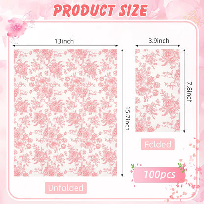 100 Floral Guest Napkins Pink and White Toile Disposable Paper Napkins Decorative Flower Bathroom Hand Towels for Bridal Baby Shower Tea Party Birthday Party Supplies