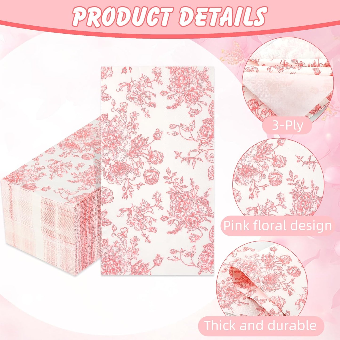 100 Floral Guest Napkins Pink and White Toile Disposable Paper Napkins Decorative Flower Bathroom Hand Towels for Bridal Baby Shower Tea Party Birthday Party Supplies