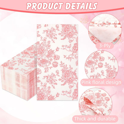 100 Floral Guest Napkins Pink and White Toile Disposable Paper Napkins Decorative Flower Bathroom Hand Towels for Bridal Baby Shower Tea Party Birthday Party Supplies