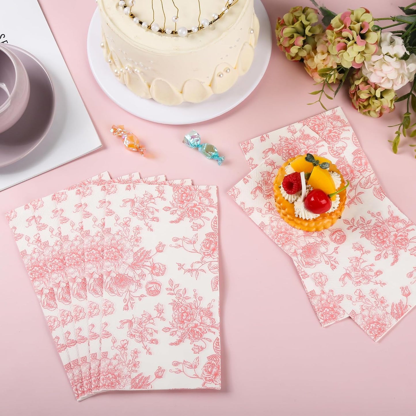 100 Floral Guest Napkins Pink and White Toile Disposable Paper Napkins Decorative Flower Bathroom Hand Towels for Bridal Baby Shower Tea Party Birthday Party Supplies