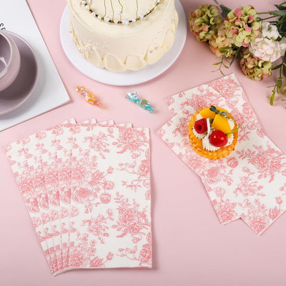100 Floral Guest Napkins Pink and White Toile Disposable Paper Napkins Decorative Flower Bathroom Hand Towels for Bridal Baby Shower Tea Party Birthday Party Supplies
